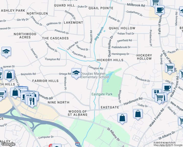 map of restaurants, bars, coffee shops, grocery stores, and more near 4212 Redington Drive in Raleigh
