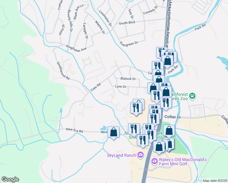map of restaurants, bars, coffee shops, grocery stores, and more near 1410 South Circle Drive in Sevierville