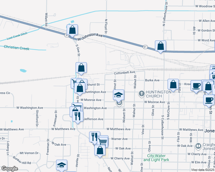 map of restaurants, bars, coffee shops, grocery stores, and more near 206 South Floyd Street in Jonesboro
