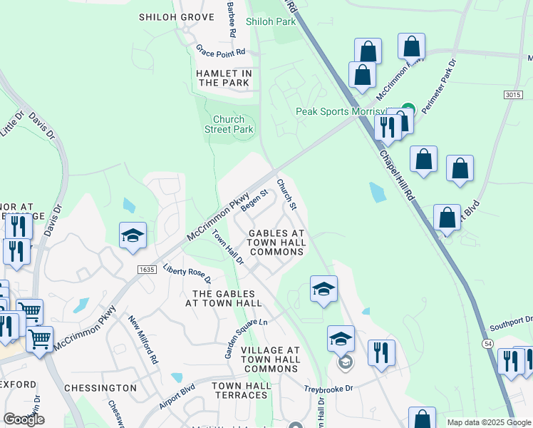 map of restaurants, bars, coffee shops, grocery stores, and more near 265 Begen Street in Morrisville