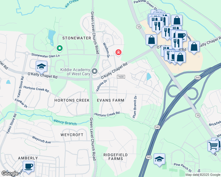 map of restaurants, bars, coffee shops, grocery stores, and more near 1300 Alston Forest Drive in Cary