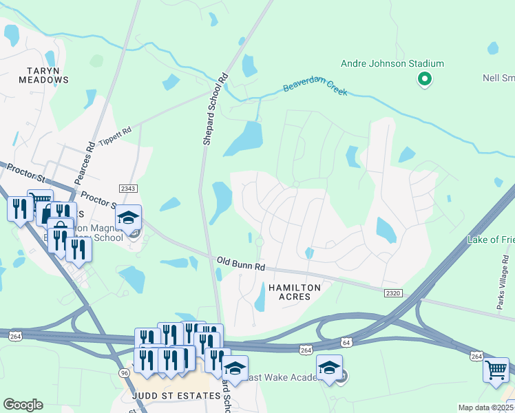 map of restaurants, bars, coffee shops, grocery stores, and more near 1028 Logan Canyon Lane in Zebulon
