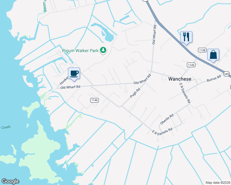 map of restaurants, bars, coffee shops, grocery stores, and more near 73 Dusty Lane in Wanchese