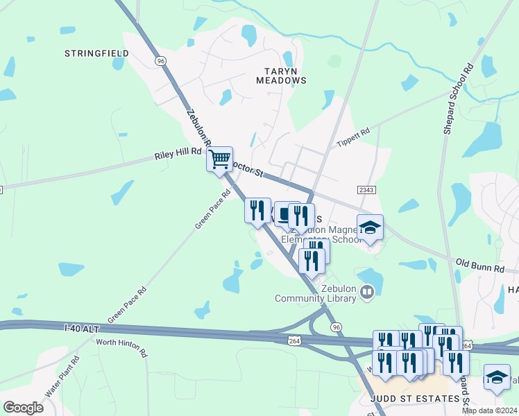 map of restaurants, bars, coffee shops, grocery stores, and more near 1512 North Arendell Avenue in Zebulon