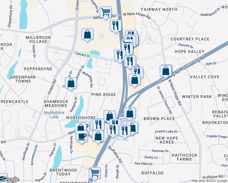 map of restaurants, bars, coffee shops, grocery stores, and more near 4370 Bona Court in Raleigh