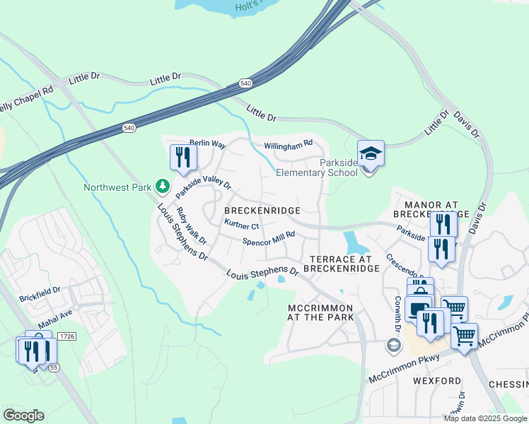 map of restaurants, bars, coffee shops, grocery stores, and more near 103 Masterwood Way in Morrisville