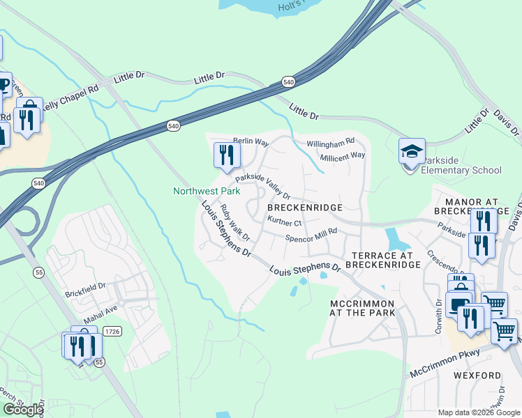 map of restaurants, bars, coffee shops, grocery stores, and more near 216 Kurtner Court in Morrisville