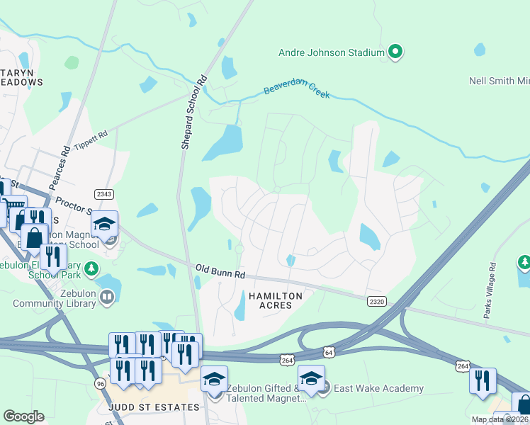 map of restaurants, bars, coffee shops, grocery stores, and more near 204 Quincy Meadow Avenue in Zebulon
