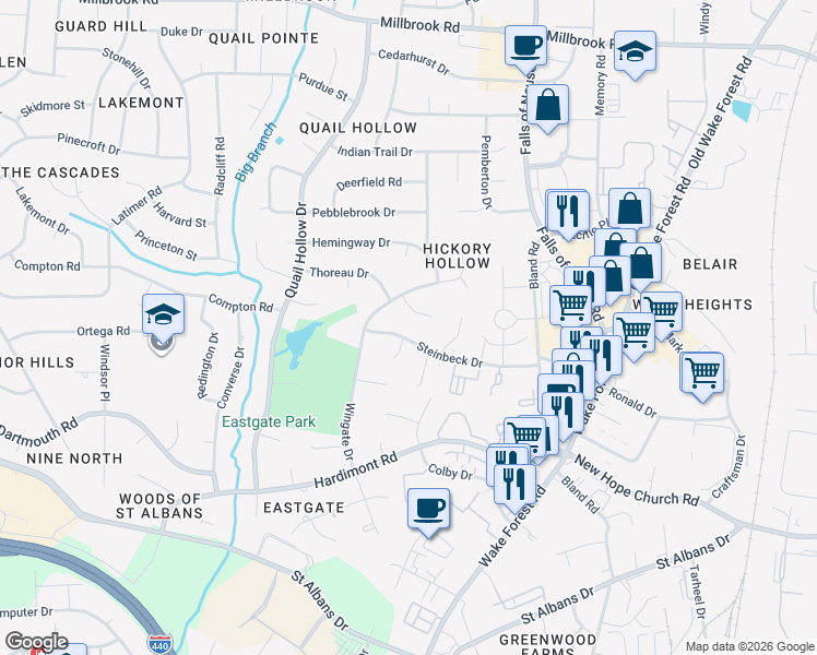 map of restaurants, bars, coffee shops, grocery stores, and more near 1201 Steinbeck Drive in Raleigh