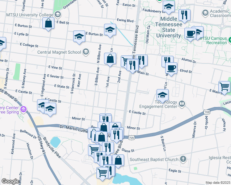map of restaurants, bars, coffee shops, grocery stores, and more near 218 2nd Avenue in Murfreesboro