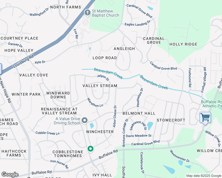 map of restaurants, bars, coffee shops, grocery stores, and more near 5104 Marathon Lane in Raleigh