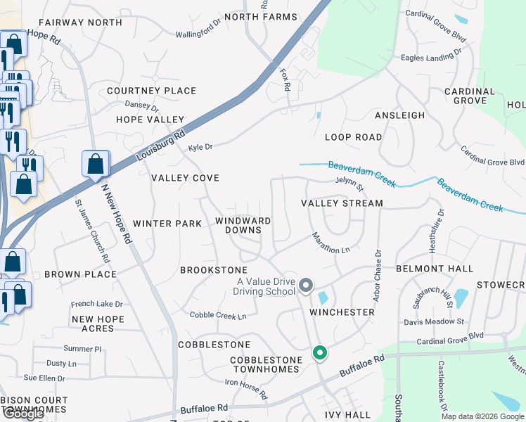 map of restaurants, bars, coffee shops, grocery stores, and more near 4901 Windblown Court in Raleigh