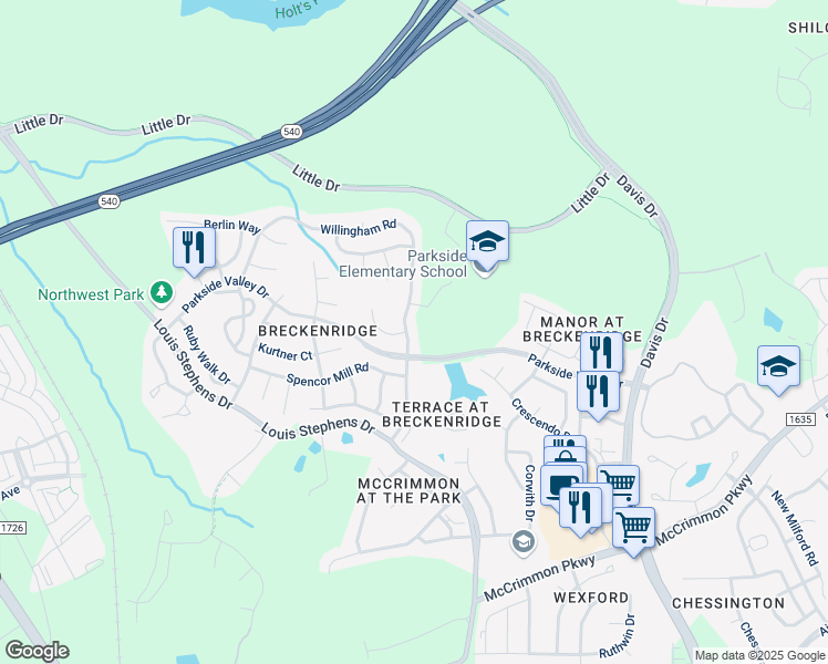 map of restaurants, bars, coffee shops, grocery stores, and more near 104 Willingham Road in Morrisville
