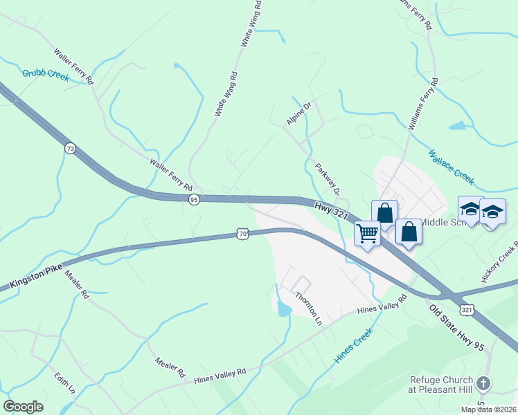 map of restaurants, bars, coffee shops, grocery stores, and more near 135 White Wing Road in Lenoir City