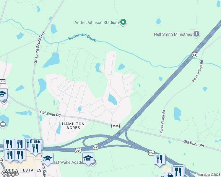 map of restaurants, bars, coffee shops, grocery stores, and more near 340 Rustling Way in Zebulon