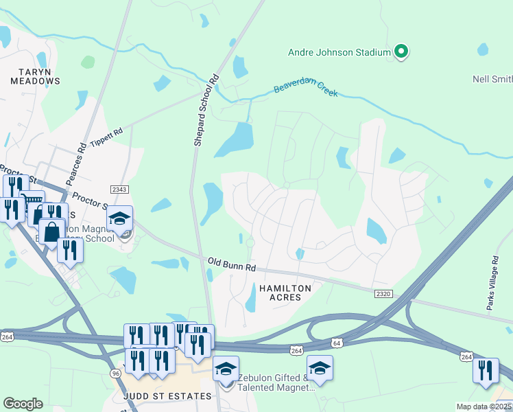 map of restaurants, bars, coffee shops, grocery stores, and more near 1028 Logan Canyon Lane in Zebulon