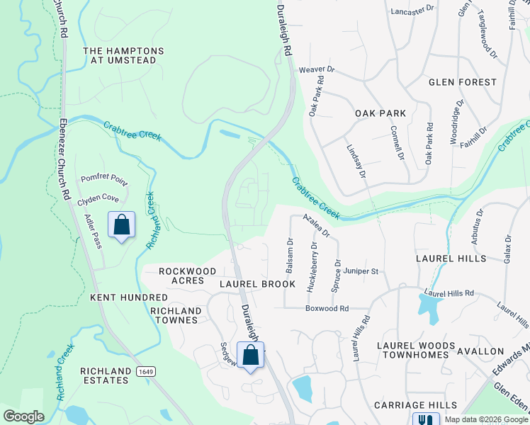 map of restaurants, bars, coffee shops, grocery stores, and more near 4632 Timberhurst Drive in Raleigh