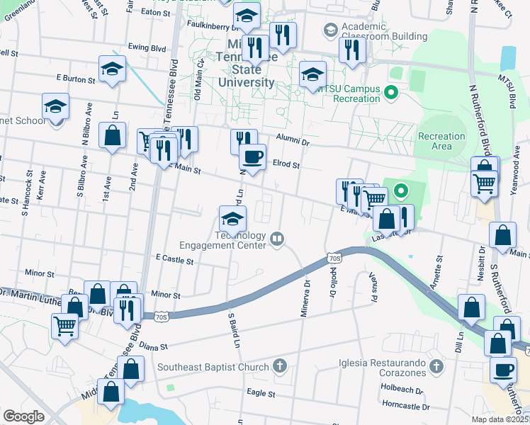 map of restaurants, bars, coffee shops, grocery stores, and more near 1610 East Main Street in Murfreesboro