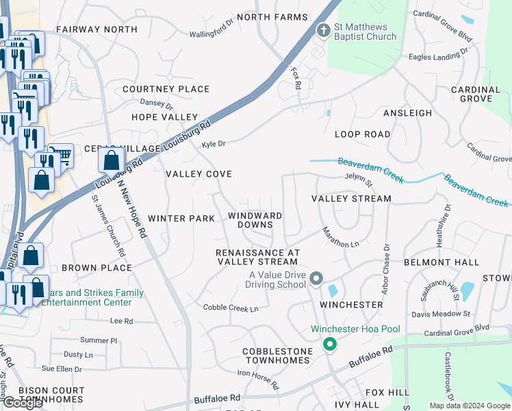 map of restaurants, bars, coffee shops, grocery stores, and more near 4905 Windproof Way in Raleigh