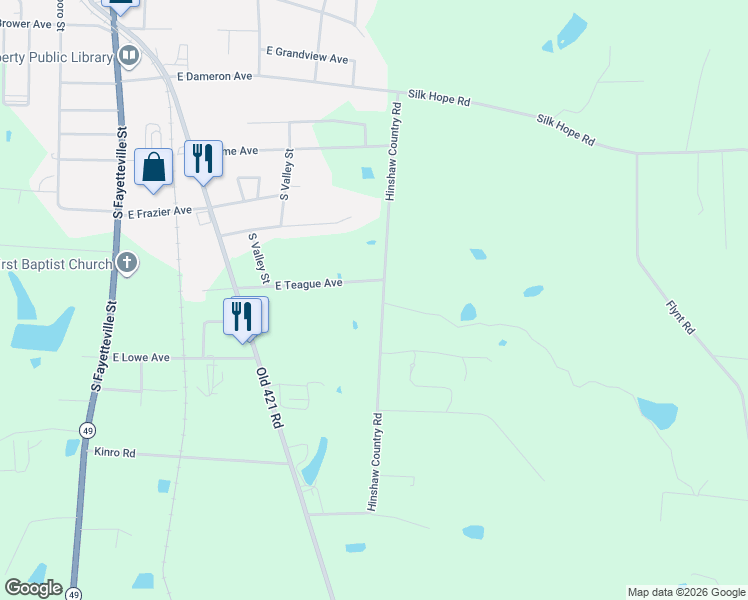 map of restaurants, bars, coffee shops, grocery stores, and more near 3577 Hinshaw Country Road in Liberty