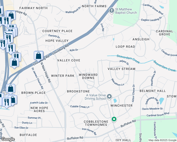 map of restaurants, bars, coffee shops, grocery stores, and more near 4905 Windproof Way in Raleigh