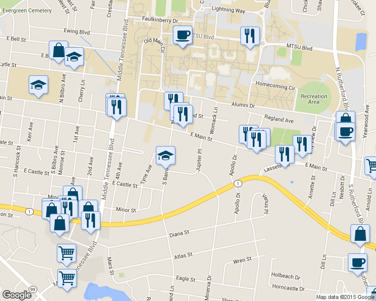 map of restaurants, bars, coffee shops, grocery stores, and more near 1610 East Main Street in Murfreesboro