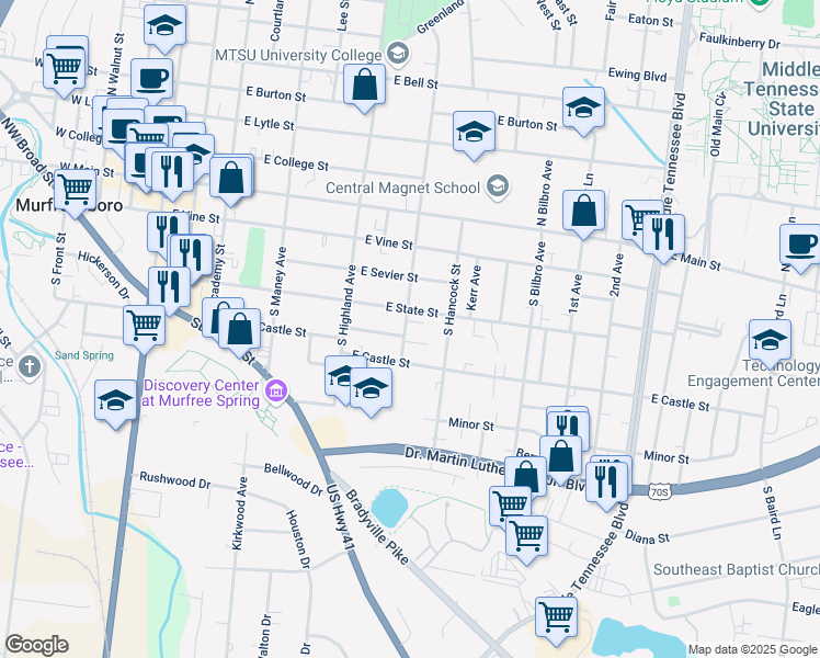 map of restaurants, bars, coffee shops, grocery stores, and more near 417 South University Street in Murfreesboro
