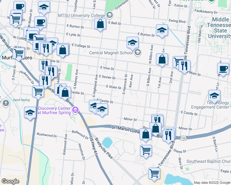 map of restaurants, bars, coffee shops, grocery stores, and more near 417 South University Street in Murfreesboro