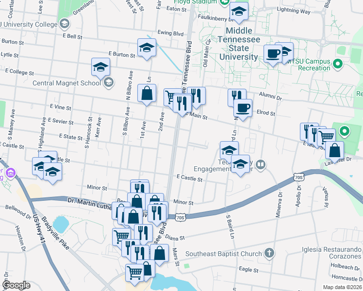 map of restaurants, bars, coffee shops, grocery stores, and more near 216 4th Avenue in Murfreesboro
