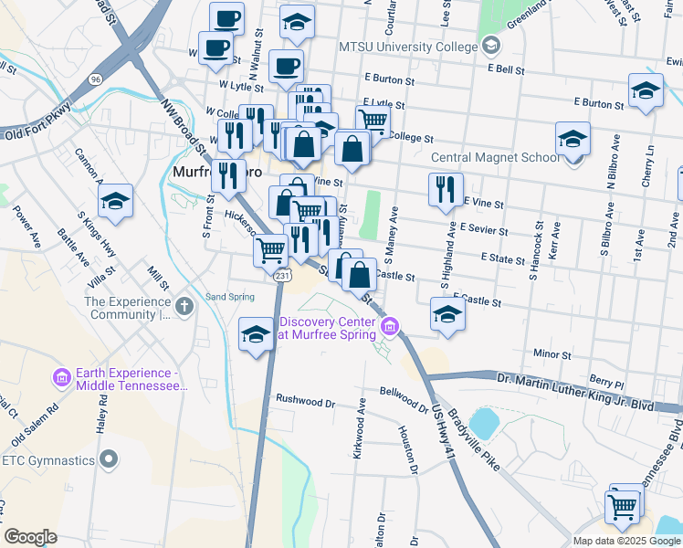 map of restaurants, bars, coffee shops, grocery stores, and more near 303 Southeast Broad Street in Murfreesboro