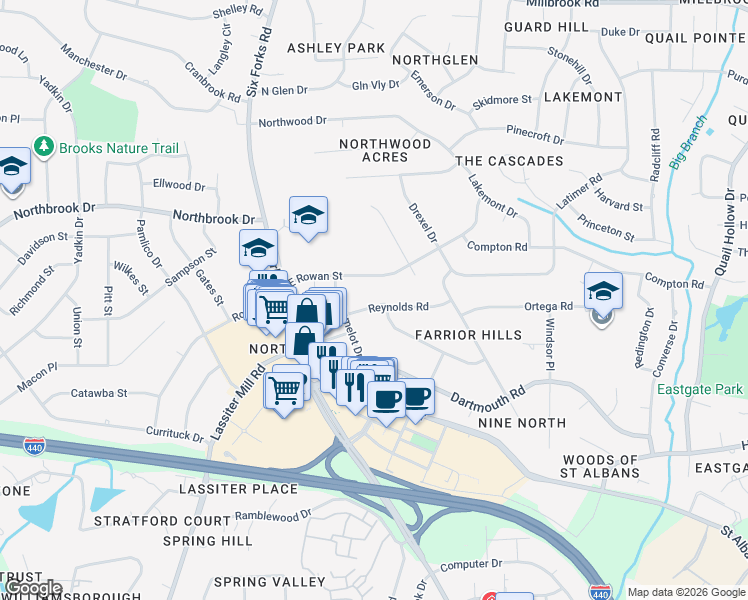 map of restaurants, bars, coffee shops, grocery stores, and more near 115 Reynolds Road in Raleigh