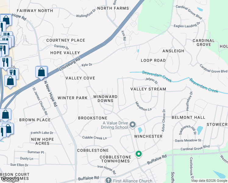 map of restaurants, bars, coffee shops, grocery stores, and more near 4901 Windblown Court in Raleigh