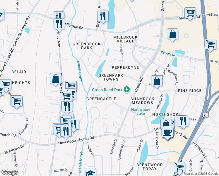 map of restaurants, bars, coffee shops, grocery stores, and more near 4600 Ravi Road in Raleigh