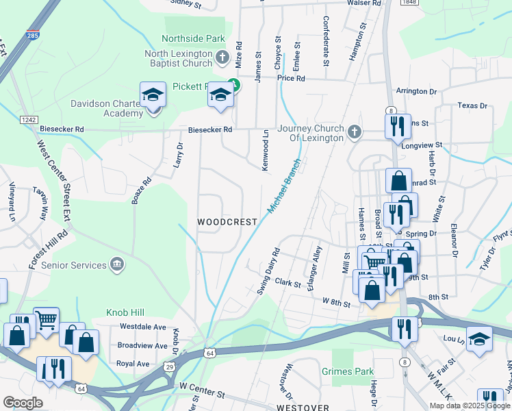 map of restaurants, bars, coffee shops, grocery stores, and more near 17 Mayflower Lane in Lexington