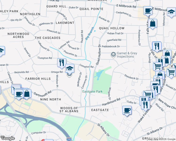 map of restaurants, bars, coffee shops, grocery stores, and more near 4208 Converse Drive in Raleigh