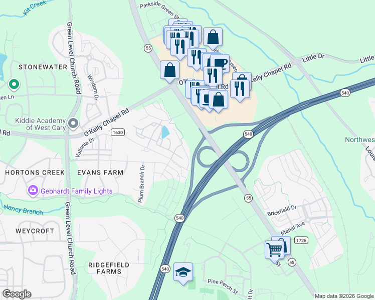 map of restaurants, bars, coffee shops, grocery stores, and more near 4733 North Carolina 55 in Angier