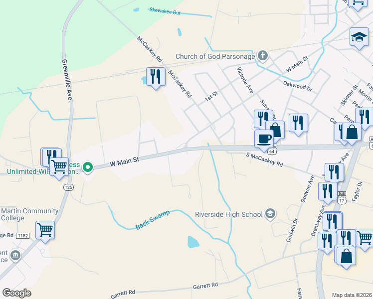 map of restaurants, bars, coffee shops, grocery stores, and more near 1700 West Main Street in Williamston