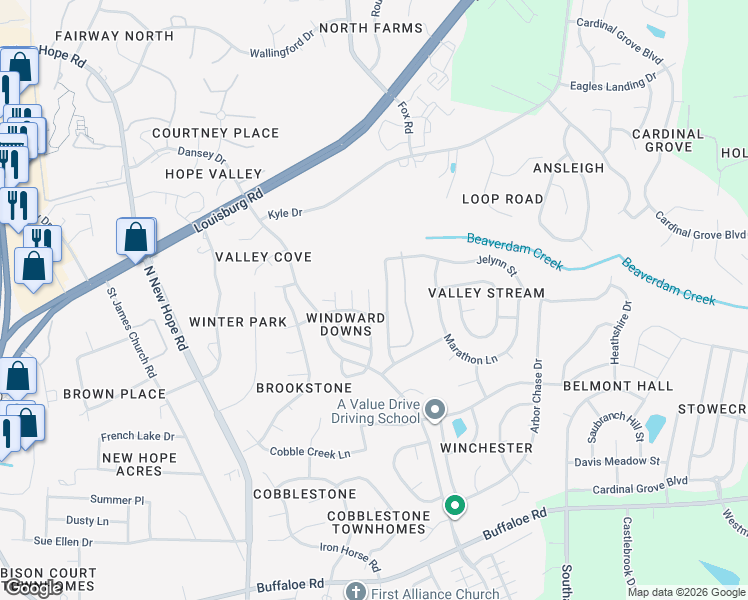 map of restaurants, bars, coffee shops, grocery stores, and more near 4901 Windblown Court in Raleigh