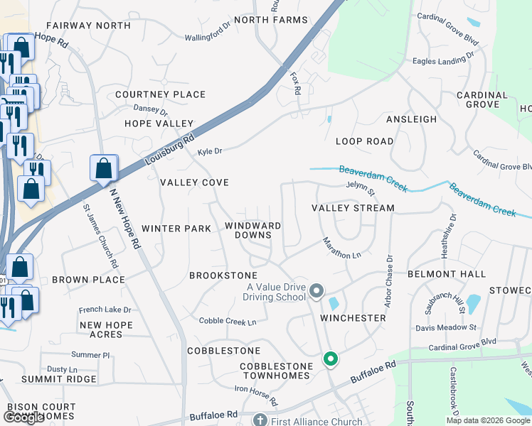 map of restaurants, bars, coffee shops, grocery stores, and more near 4901 Windblown Court in Raleigh