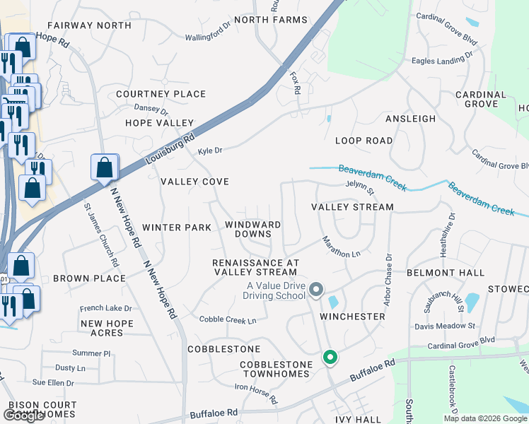 map of restaurants, bars, coffee shops, grocery stores, and more near 4901 Windblown Court in Raleigh