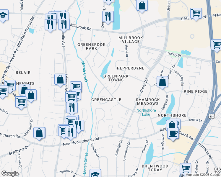 map of restaurants, bars, coffee shops, grocery stores, and more near 4409 Brockton Drive in Raleigh