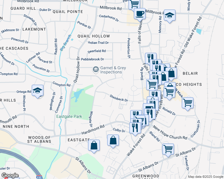 map of restaurants, bars, coffee shops, grocery stores, and more near 1201 Steinbeck Drive in Raleigh