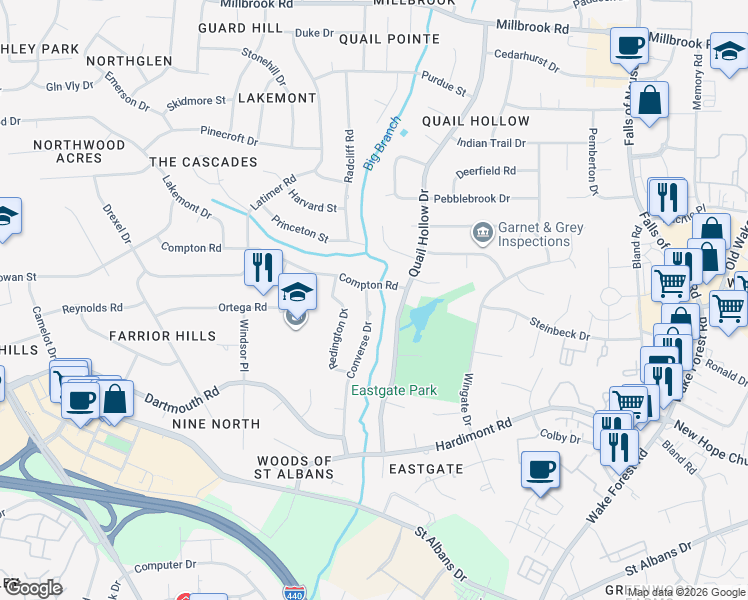 map of restaurants, bars, coffee shops, grocery stores, and more near 4208 Converse Drive in Raleigh