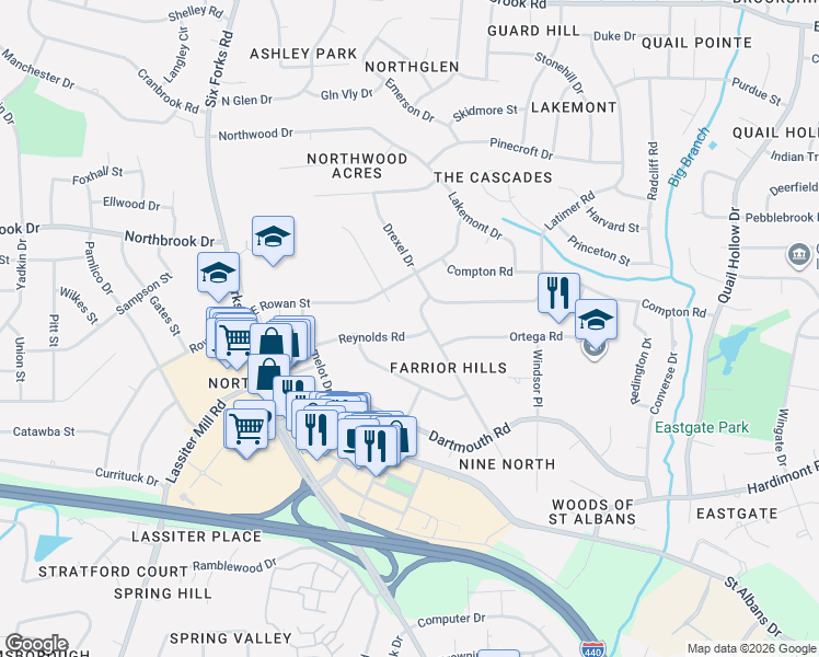 map of restaurants, bars, coffee shops, grocery stores, and more near 4403 Lambeth Drive in Raleigh