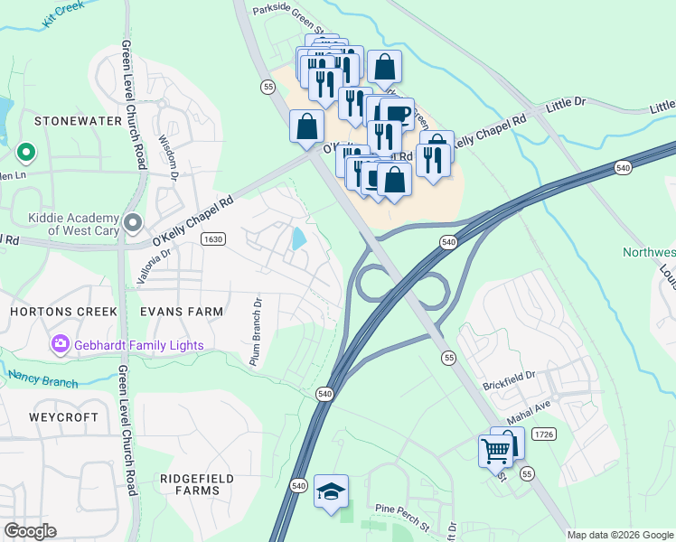 map of restaurants, bars, coffee shops, grocery stores, and more near 4733 North Carolina 55 in Angier