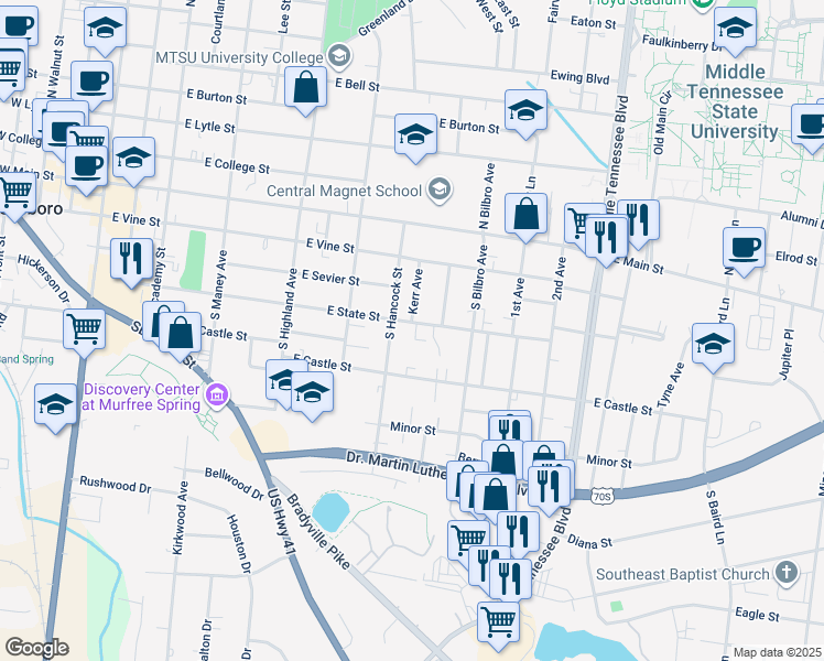 map of restaurants, bars, coffee shops, grocery stores, and more near 806 East State Street in Murfreesboro