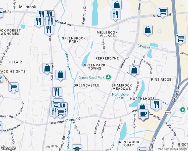 map of restaurants, bars, coffee shops, grocery stores, and more near 4602 Ravi Road in Raleigh