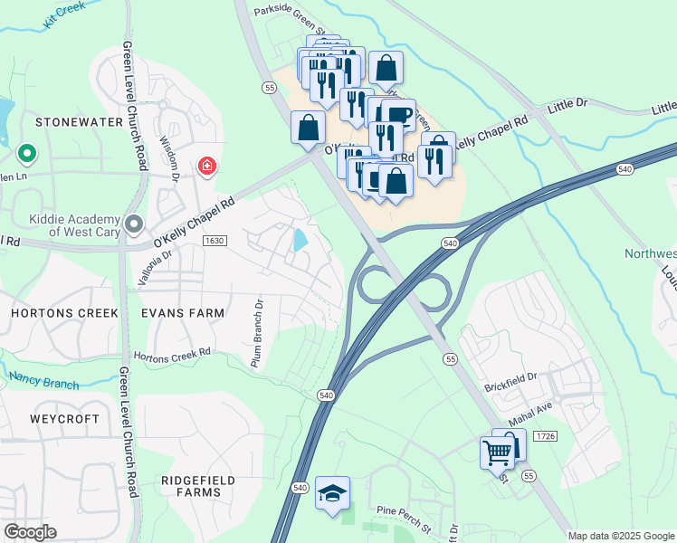 map of restaurants, bars, coffee shops, grocery stores, and more near 4733 North Carolina 55 in Angier
