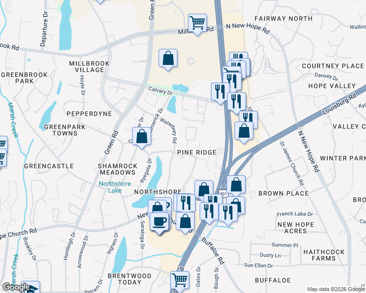 map of restaurants, bars, coffee shops, grocery stores, and more near 3301 Comstock Road in Raleigh