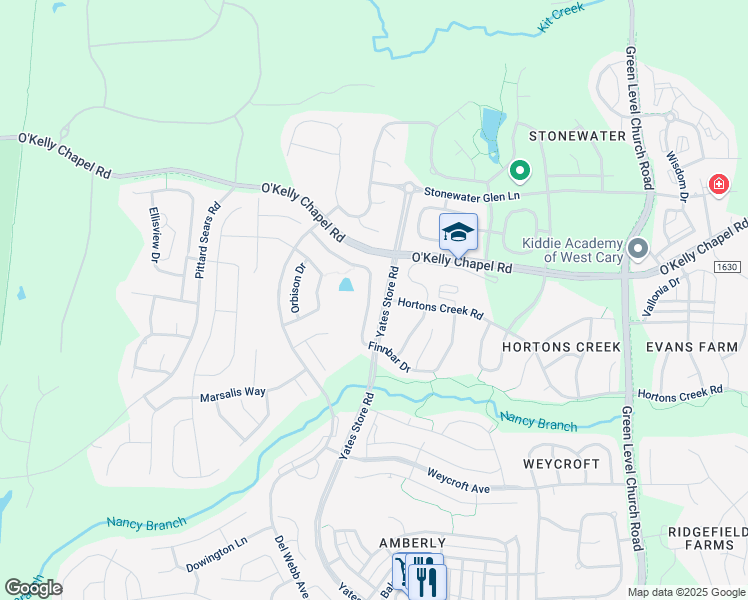 map of restaurants, bars, coffee shops, grocery stores, and more near 744 Finnbar Drive in Cary